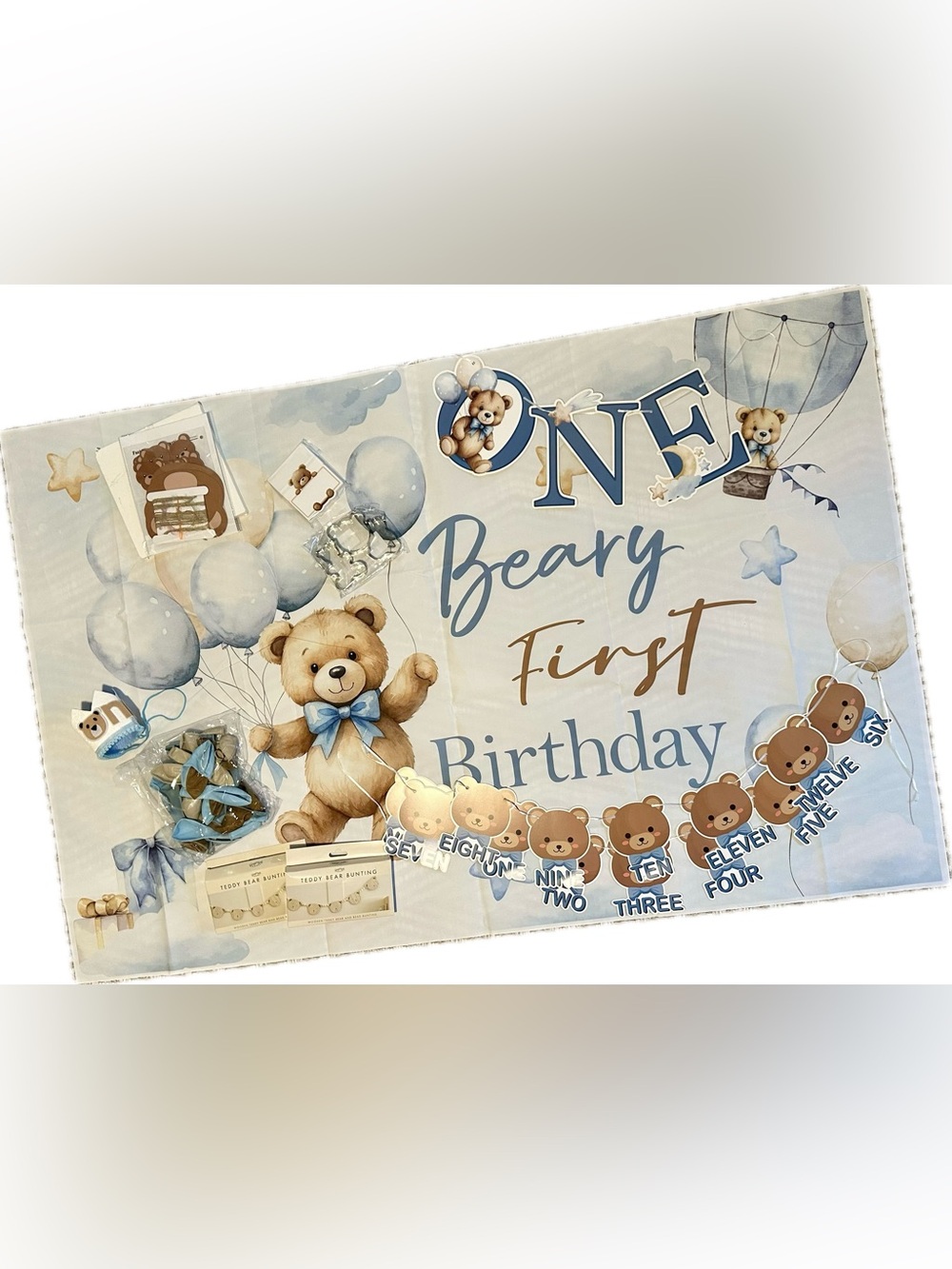 Beary First Birthday Backdrop and Miscellaneous Decor Bundle